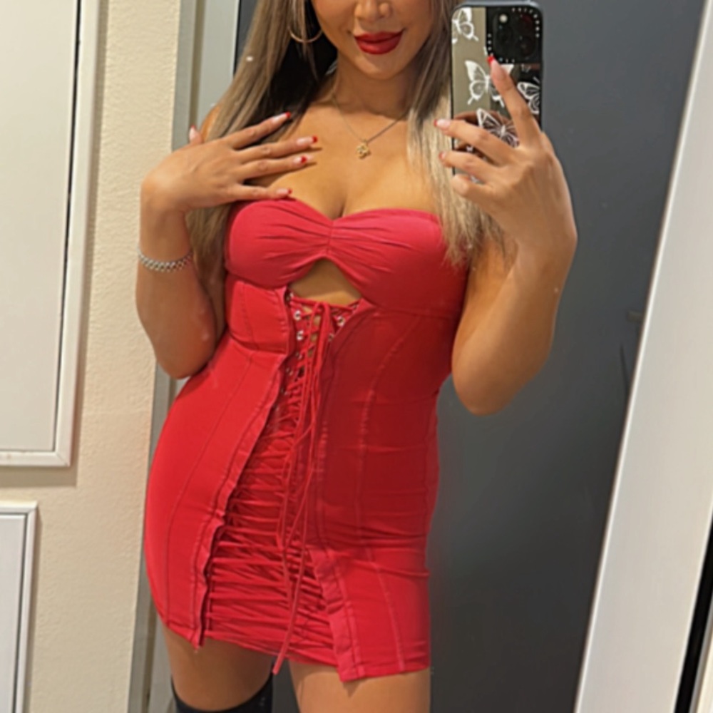 *WORN* Oh Polly lace up corset mini dress in red
